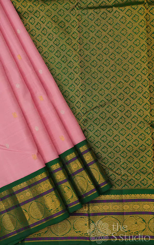 Lotus pink kanchi silk saree with korvai green border