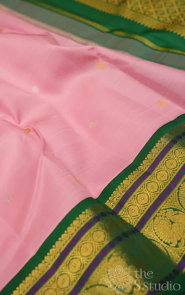 Lotus pink kanchi silk saree with korvai green border