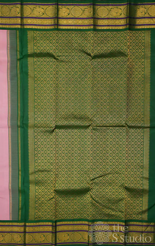 Lotus pink kanchi silk saree with korvai green border