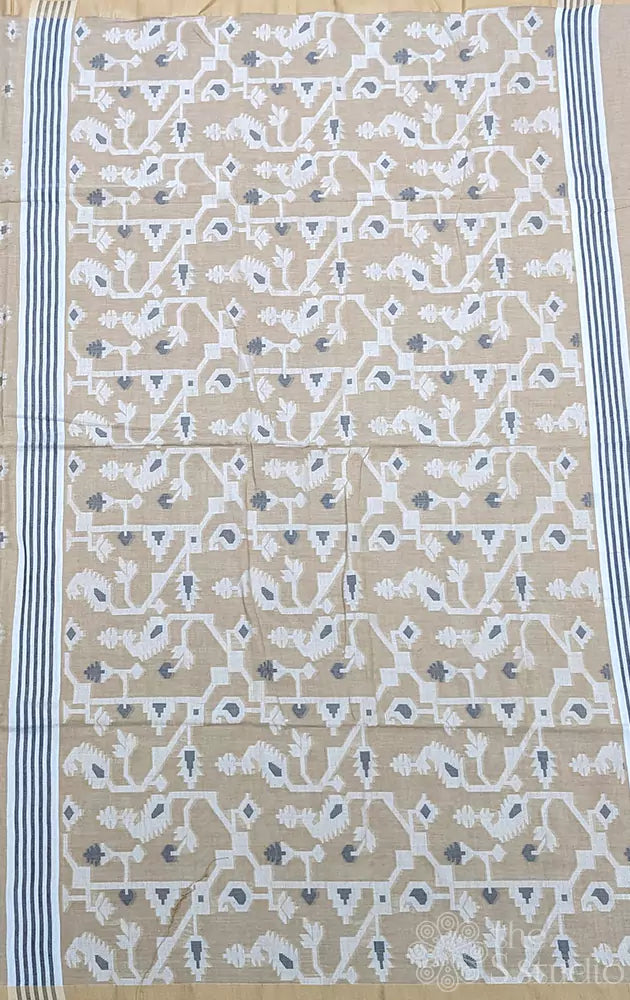 Beige bengal cotton saree with small buttas throughout