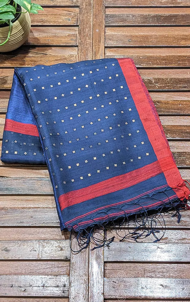 Navy blue matka silk saree with  red petite border