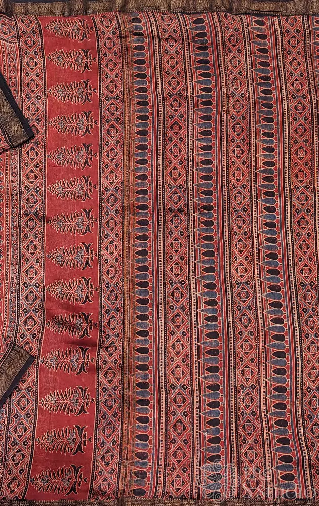 Madder red maheshwari cotton silk saree with ajrakh block prints