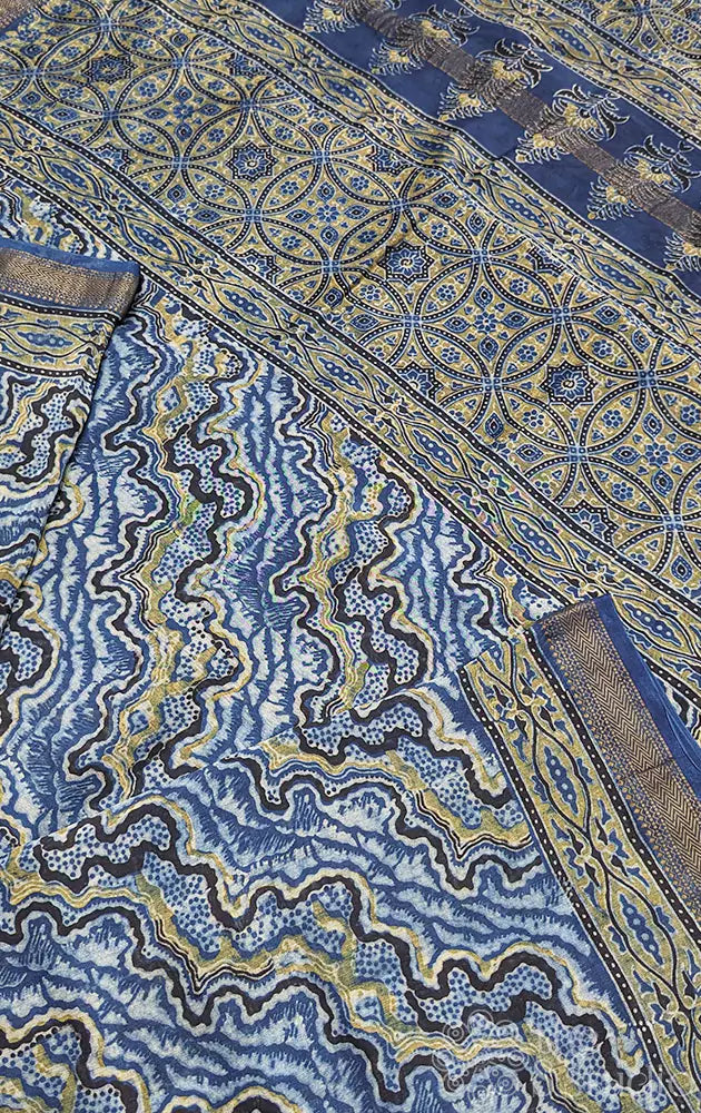 Indigo blue maheshwari cotton silk saree with wavy ajrakh prints