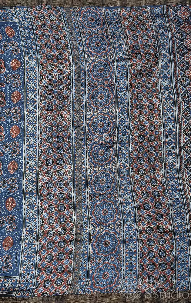 Indigo blue maheshwari cotton silk saree with madder red ajrakh prints