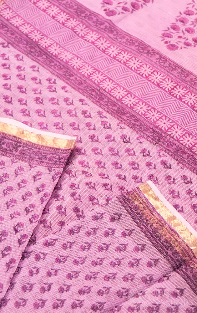 Pastel lavender kota cotton saree with zari border
