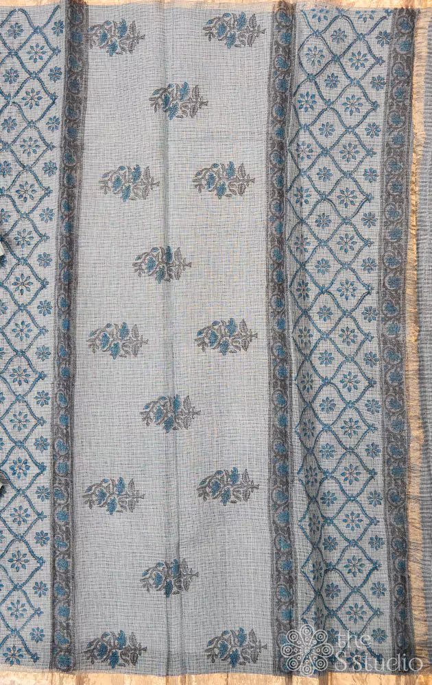 Grey kota cotton saree with zari border
