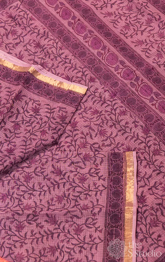 Lavender kota cotton saree with floral veins and zari border