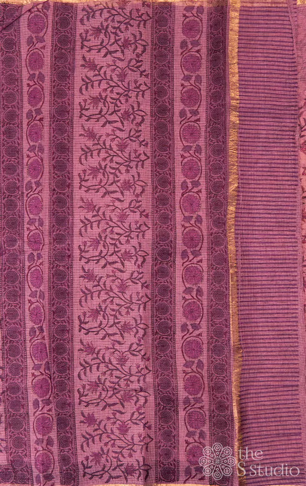 Lavender kota cotton saree with floral veins and zari border
