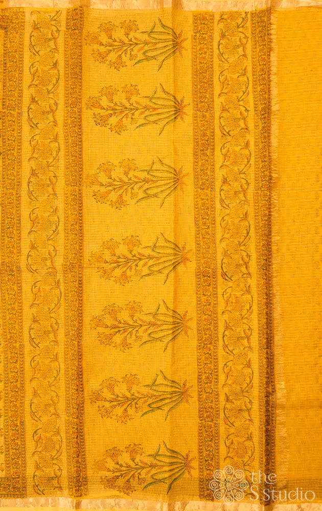 Mustard kota cotton saree with floral block print and zari border