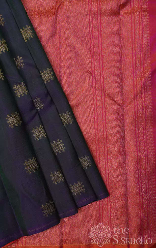 Bluish green kolam butta kanch silk saree with rani pink pallu