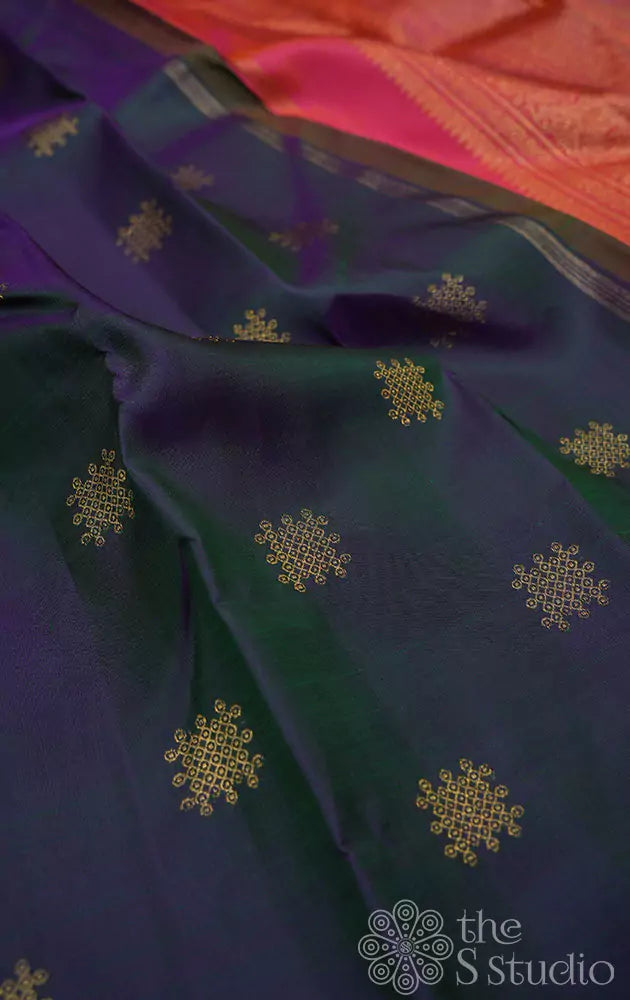 Bluish green kolam butta kanchi silk saree with rani pink pallu