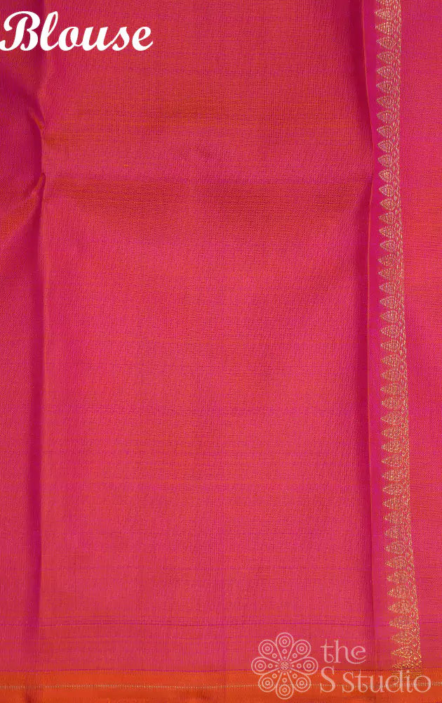 Bluish green kolam butta kanchi silk saree with rani pink pallu