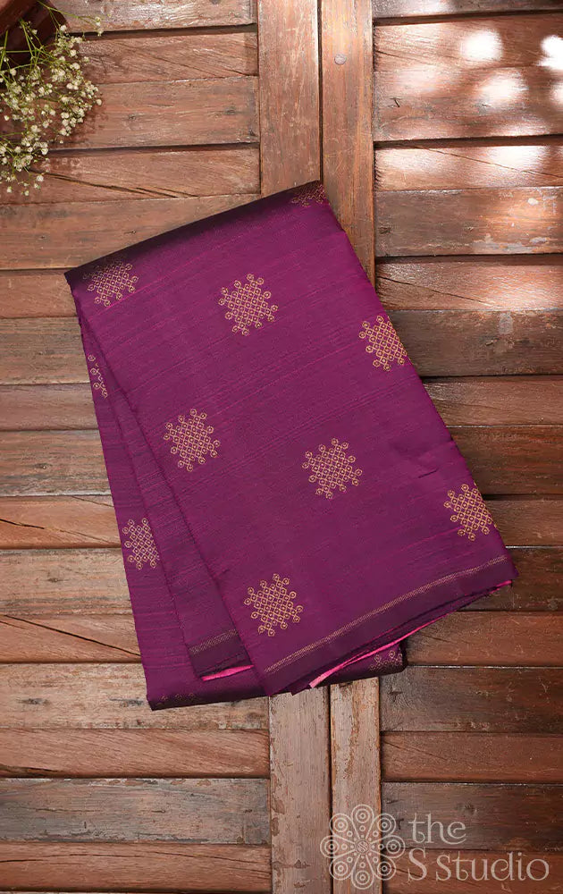 Purple kanjivarm saree woven with pure zari kolam buttas