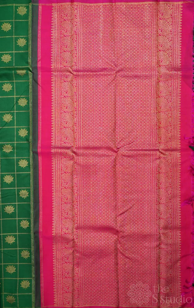 Green checked kanchipuram silk saree with lotus motifs