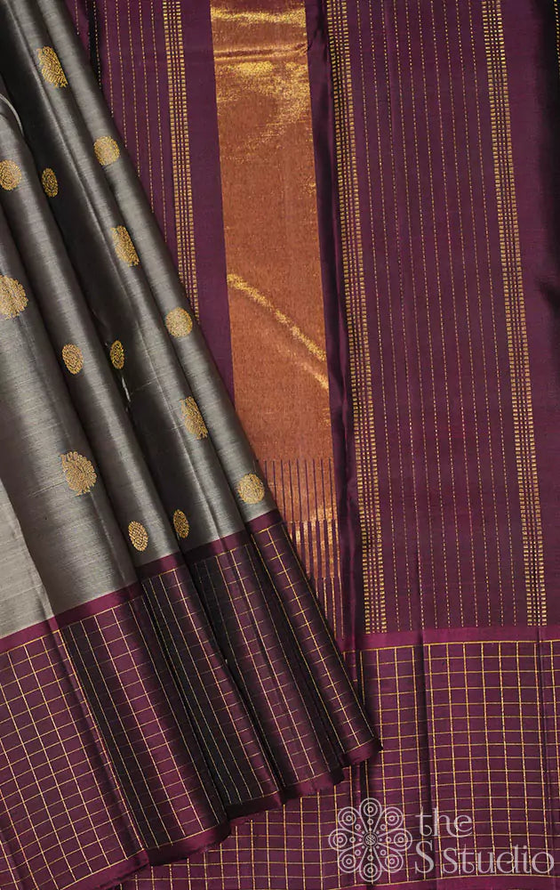 Steel grey kanchipuram silk saree with maroon border