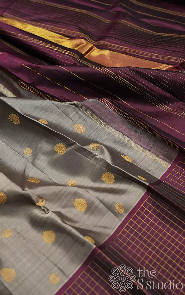 Steel grey kanchipuram silk saree with maroon border