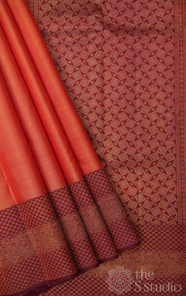 Rust kanchi silk saree with maroon border with mat design zari motifs