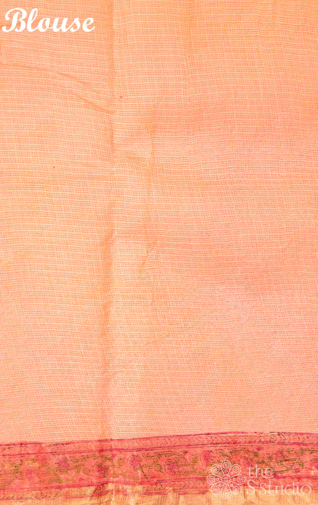 Peach kota cotton saree with floral print and zari border