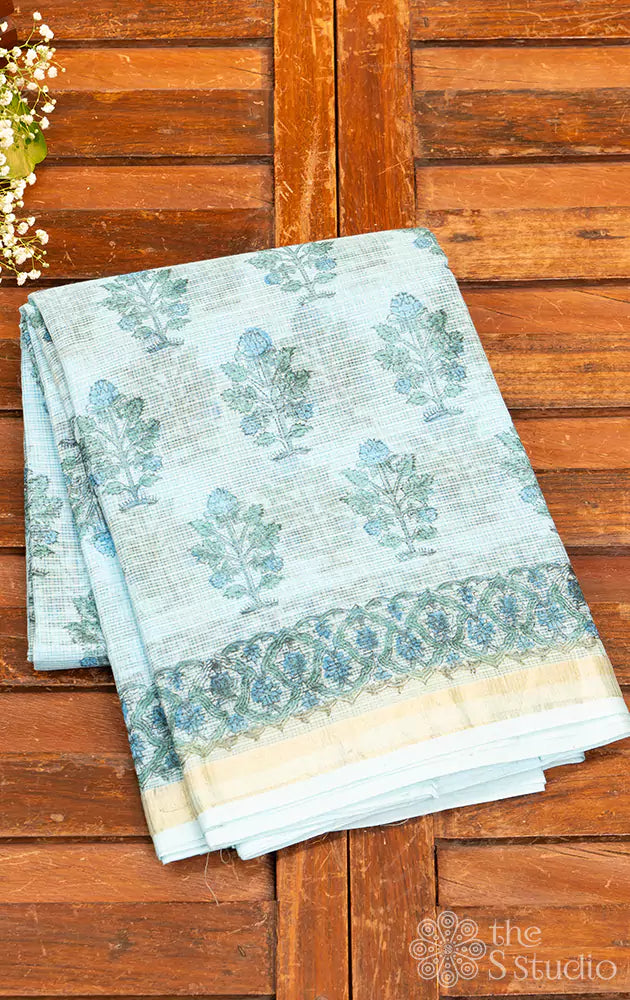 Blue kota cotton saree with zari border