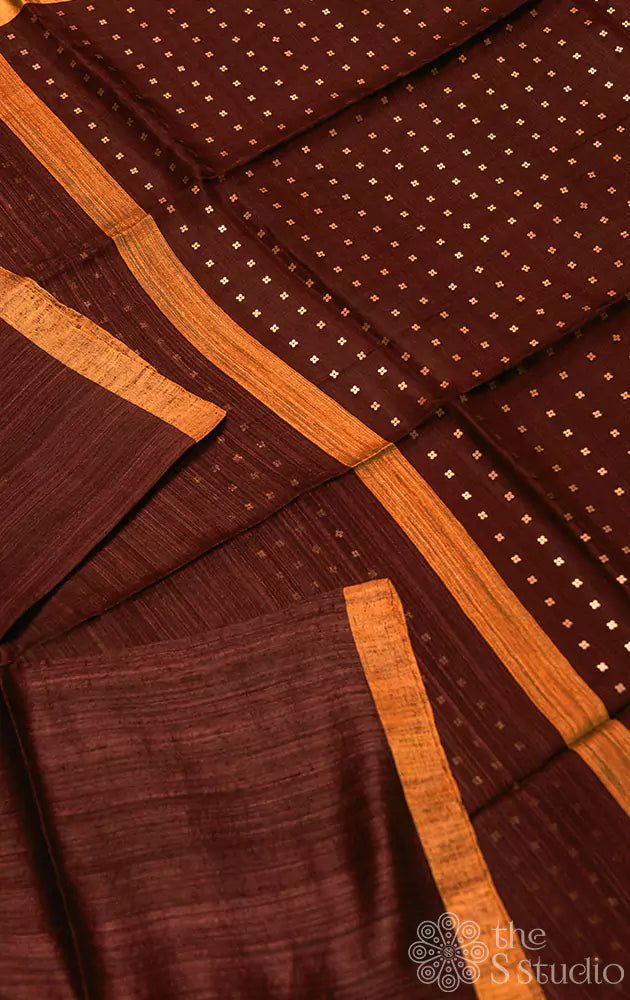 Dark maroon matka silk saree adorned with sequin work pallu