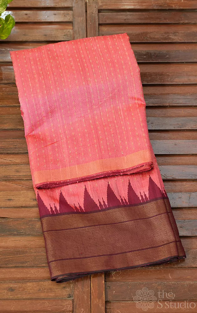 Rose raw silk saree with temple border