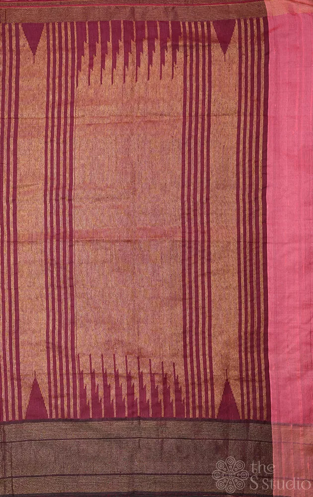 Rose raw silk saree with temple border