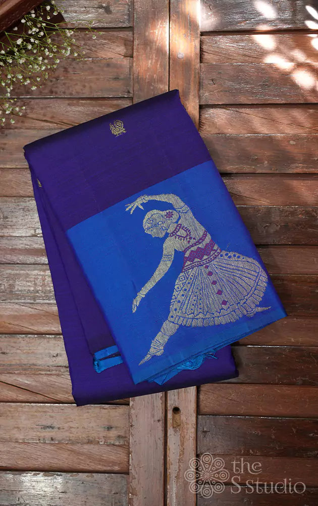 Navy blue kanchi silk saree with anandha blue dancing lady border