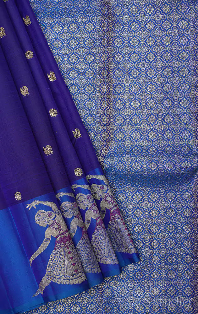 Navy blue kanchi silk saree with anandha blue dancing lady border