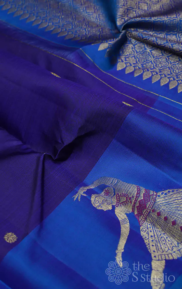 Navy blue kanchi silk saree with anandha blue dancing lady border