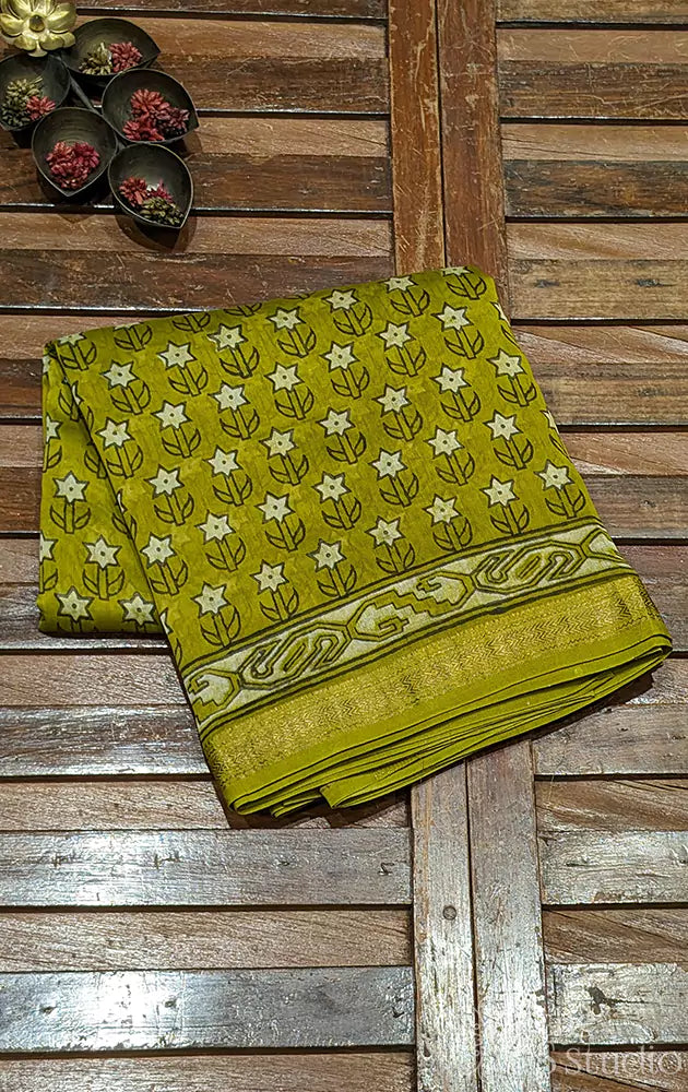 Olive green maheshwari  cotton silk saree with block prints