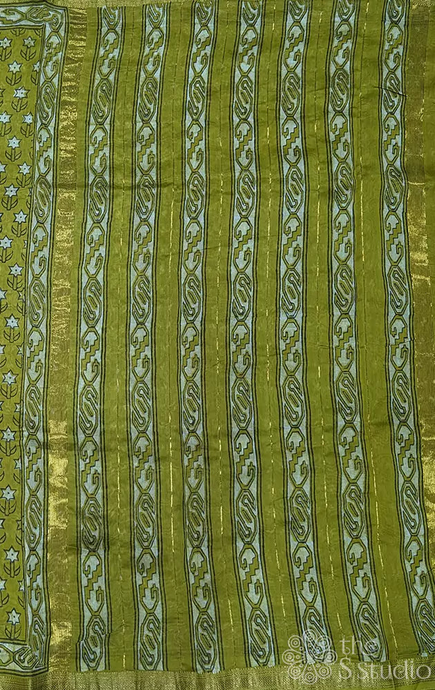 Olive green maheshwari  cotton silk saree with block prints