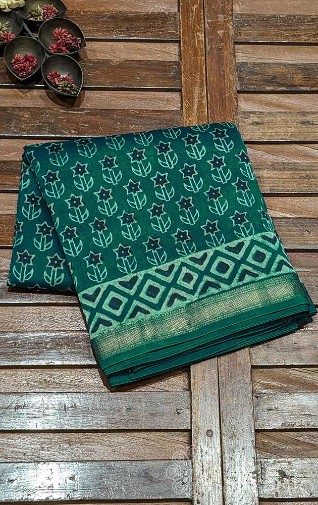Sea green maheshwari cotton silk saree with small floral prints
