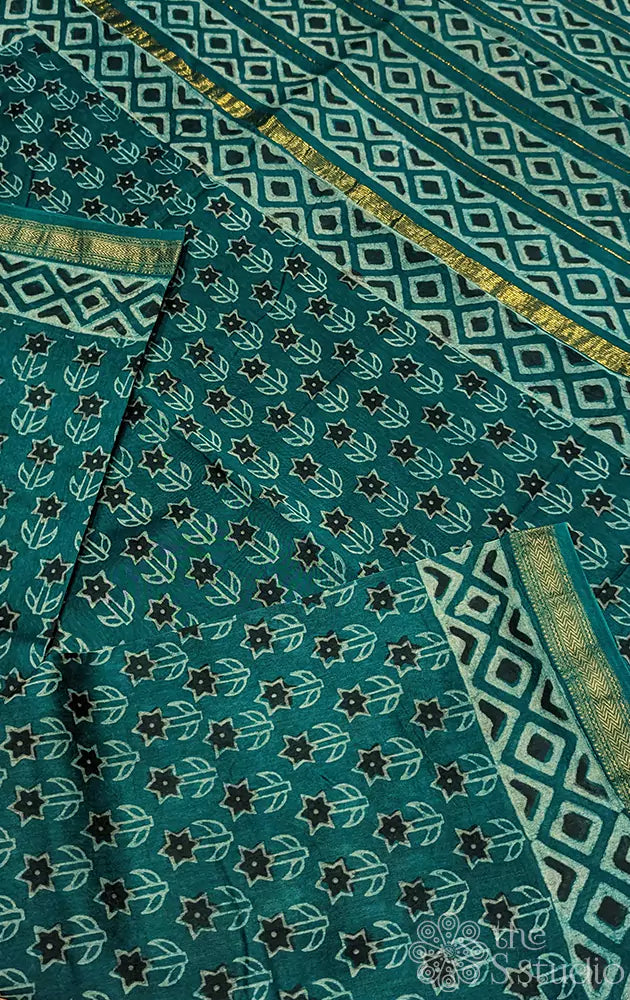 Sea green maheshwari cotton silk saree with small floral prints