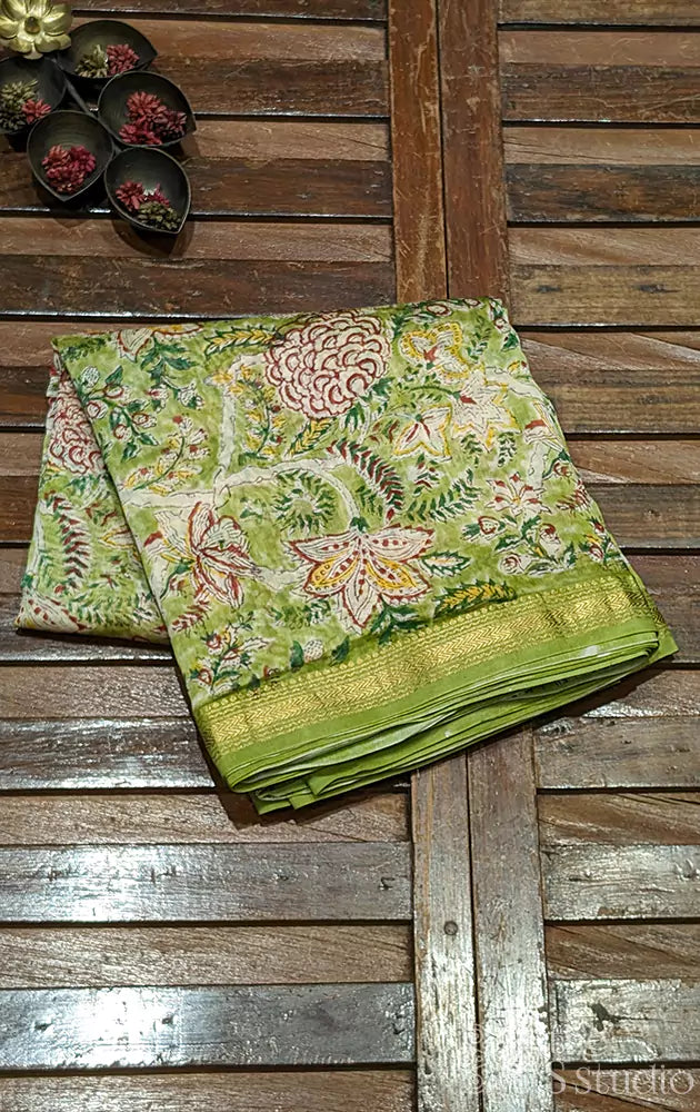 Light green maheshwari cotton saree with floral prints