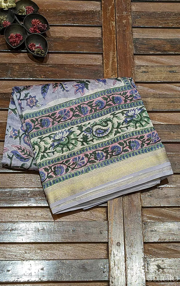 Pastel lavender maheshwari cotton silk saree with floral prints