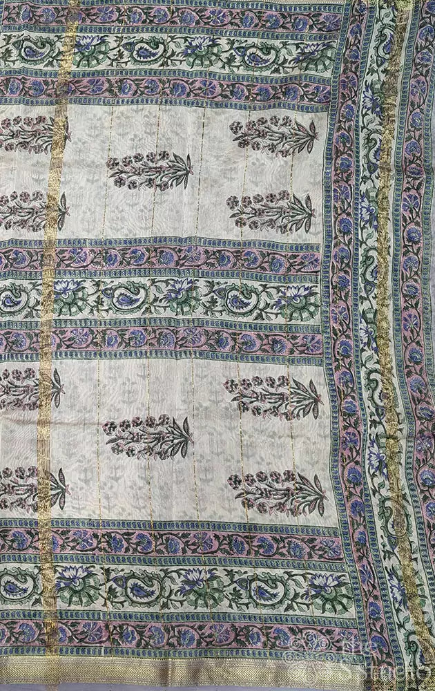 Pastel lavender maheshwari cotton silk saree with floral prints