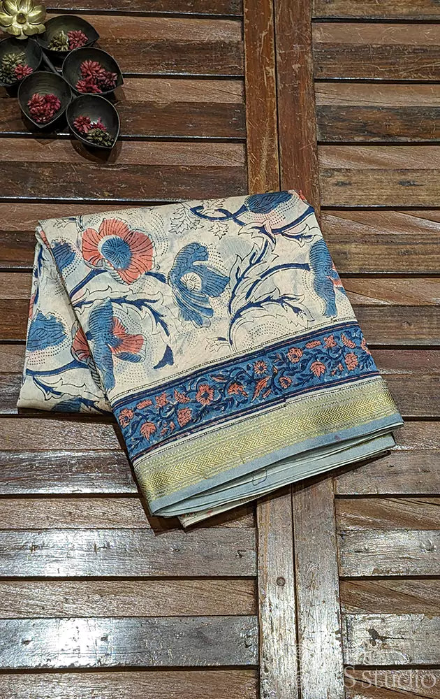 Beige maheshwari cotton silk saree with floral prints
