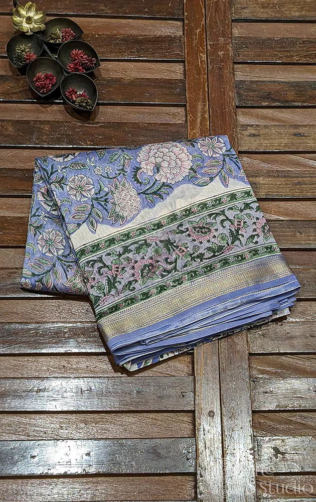 Lavender maheshwari cotton silk saree with blockprints