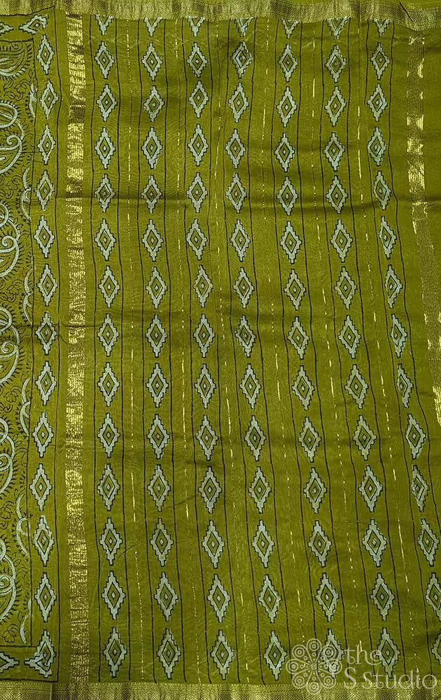 Olive green maheshwari cotton silk saree with zari border
