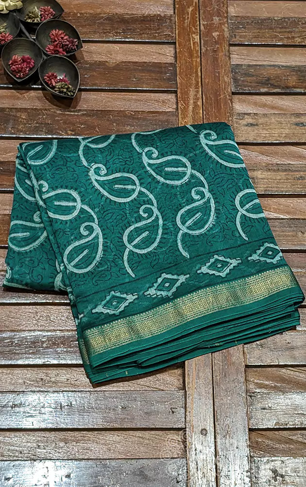 Dark green maheshwari cotton silk saree with mango motifs