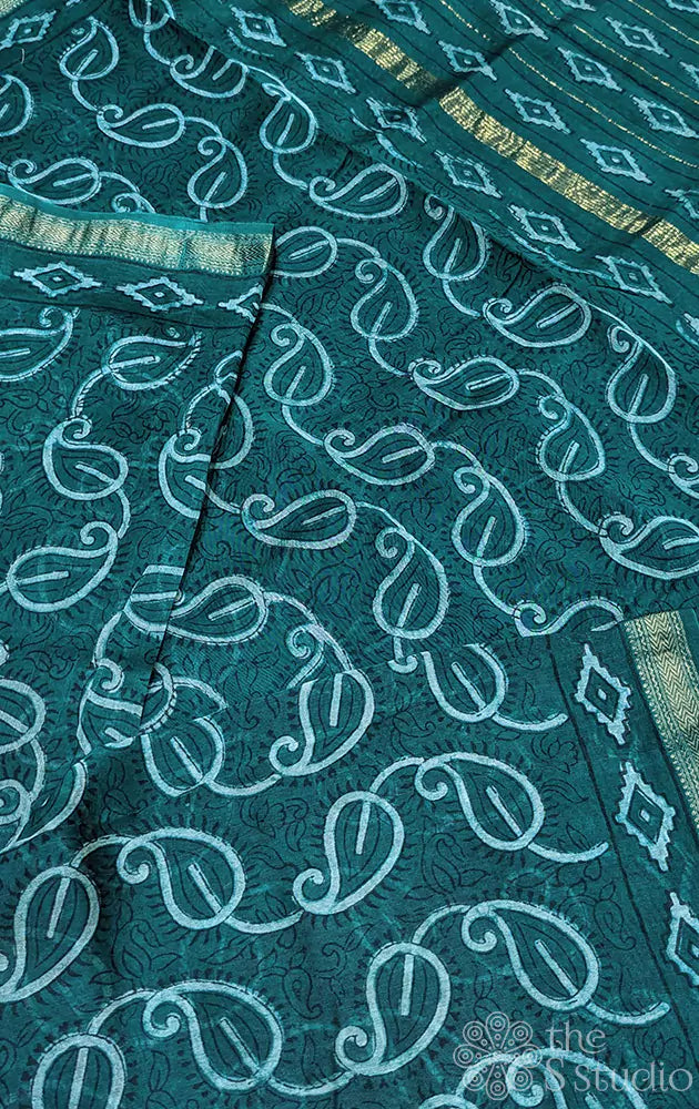 Dark green maheshwari cotton silk saree with mango motifs