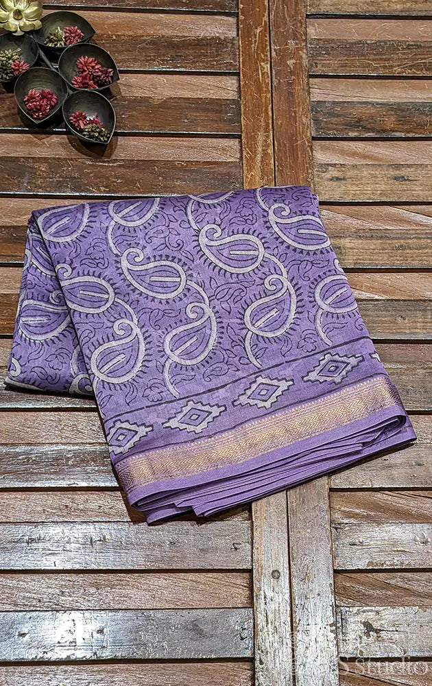 Lavender printed maheshwari cotton silk saree with zari border