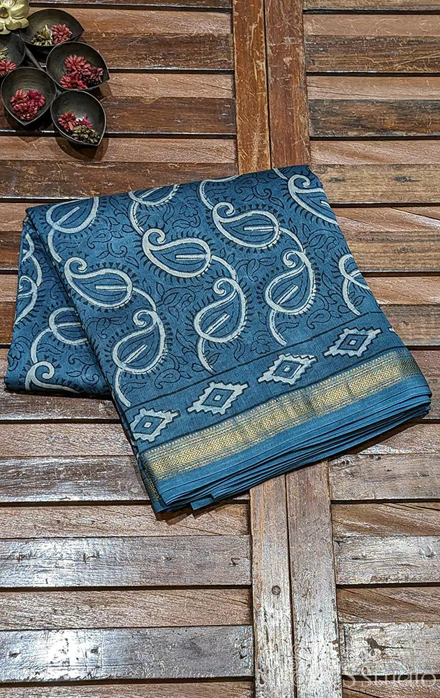 Bluish grey maheshwari cotton silk saree with bagh prints