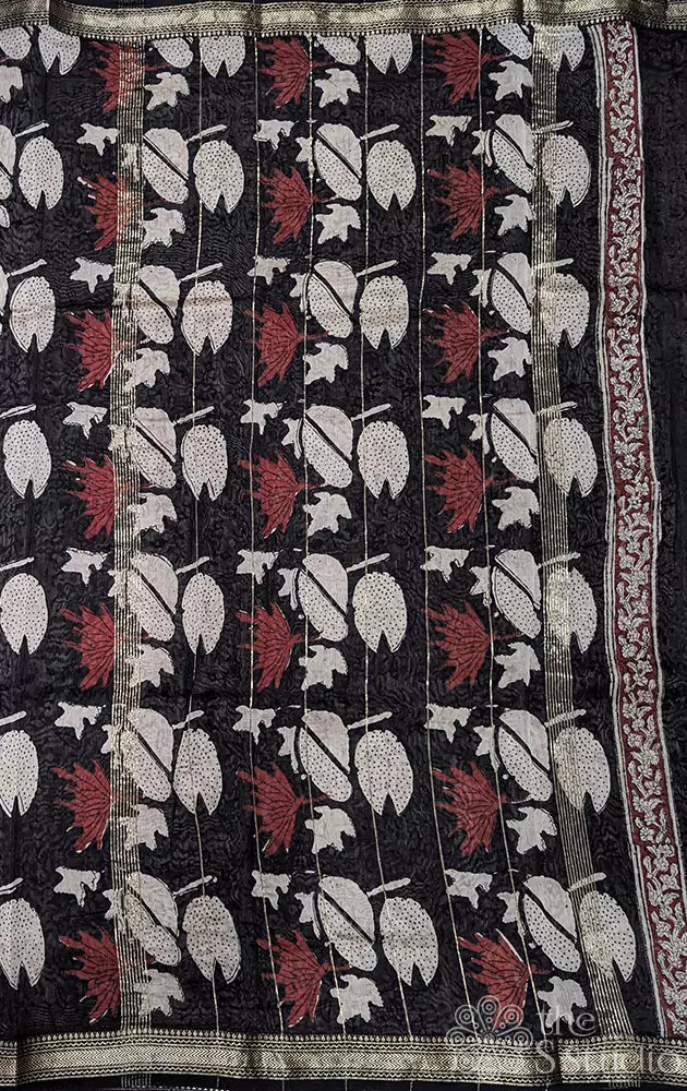 Brown maheshwari cotton silk saree with hand block prints