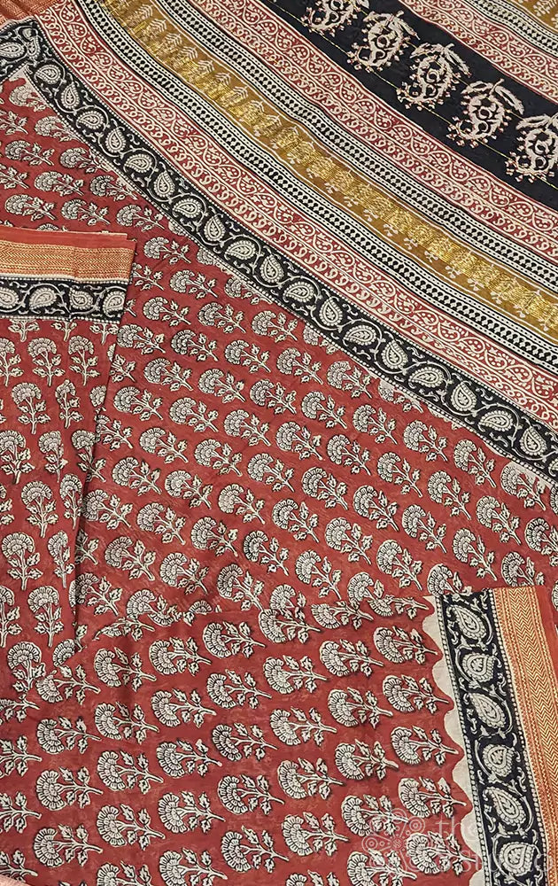 Reddish rust maheshwari cotton silk saree with jaipur block prints