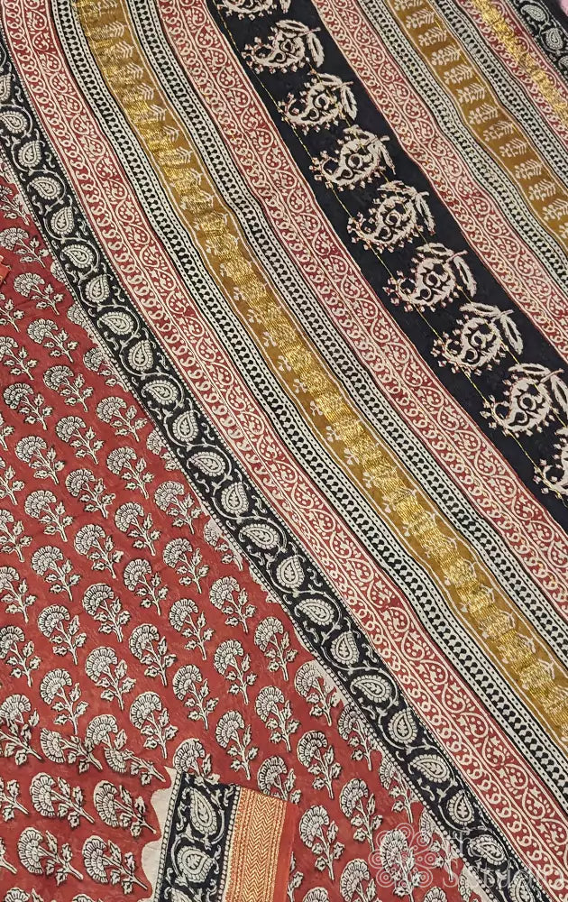 Reddish rust maheshwari cotton silk saree with jaipur block prints