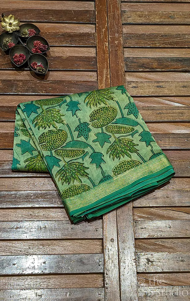 Green maheshwari cotton silk saree with floral blockprints