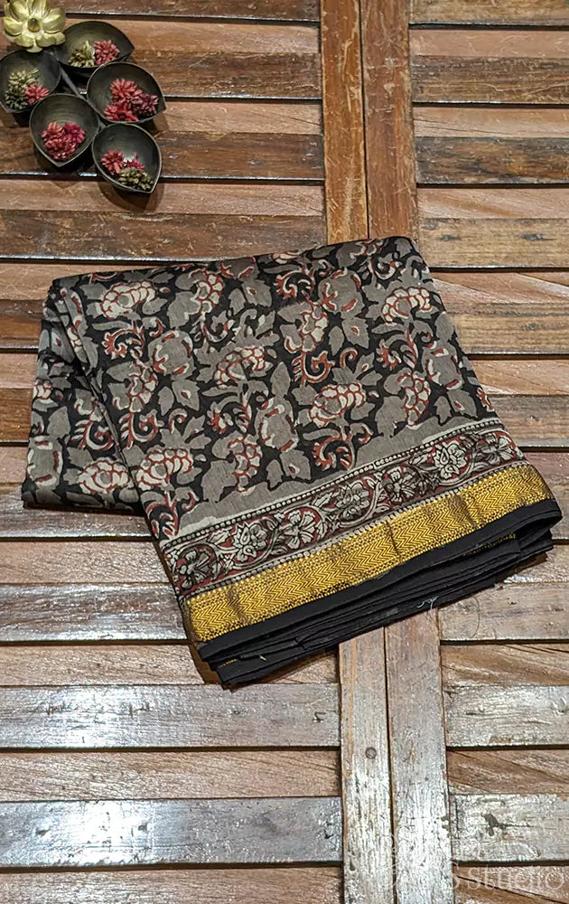 Grey maheshwari cotton silk saree with jaipur hand blockprints