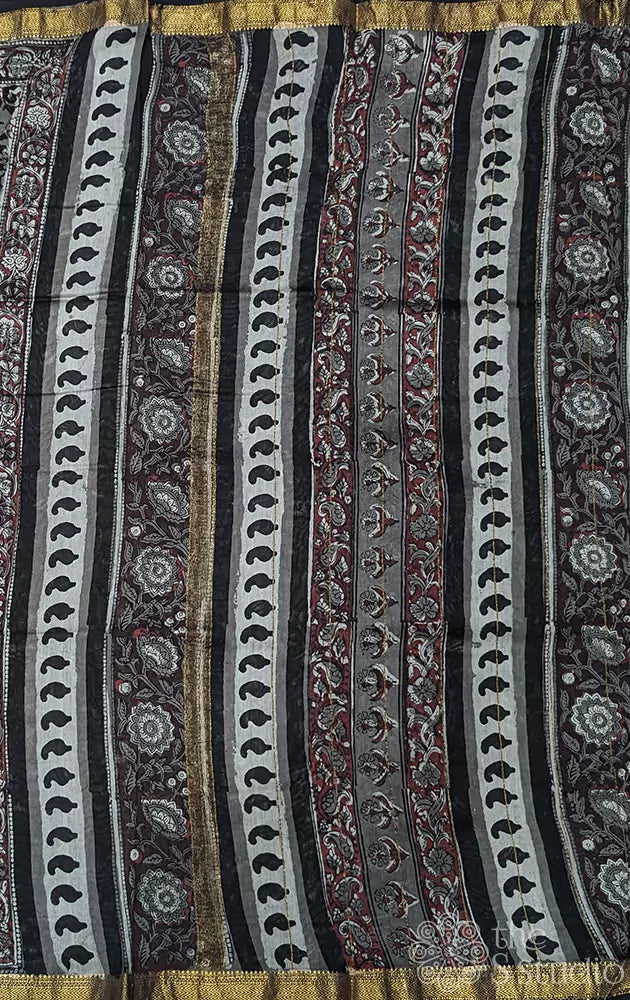 Grey maheshwari cotton silk saree with jaipur hand blockprints