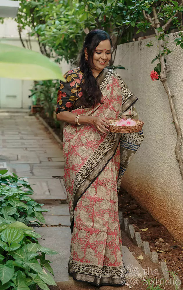 Rose maheshwari cotton silk saree with black border 